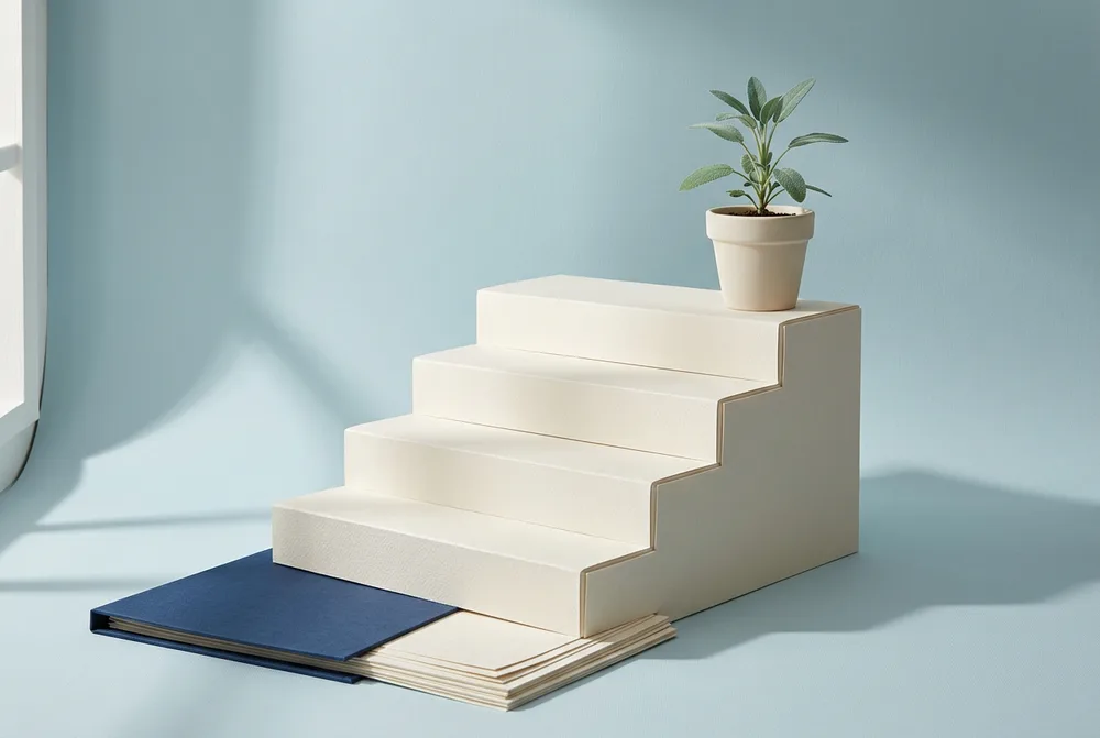 Paper steps leading from an organized folder to a small growing plant